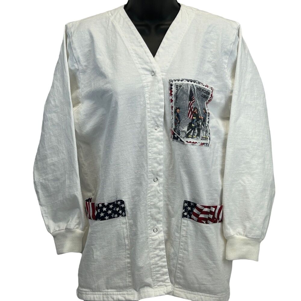 Vintage Heroes Stamp Scrub Top Warm Up Jacket Womens XS X-Small Firemen White